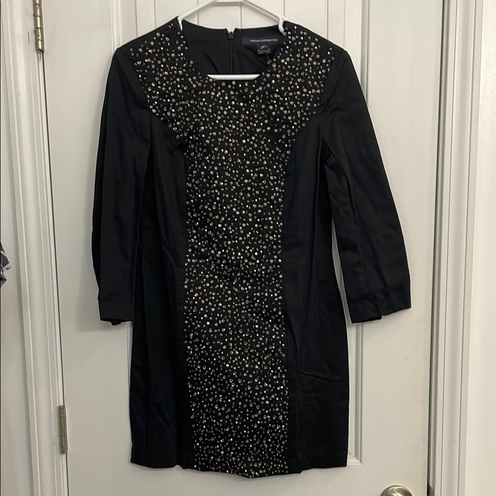 French Connection Black Dress with Gold-tone Beading, Long Sleeves